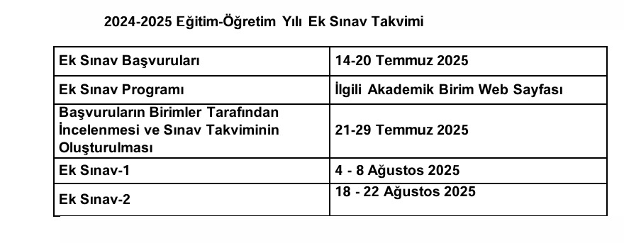 2024-2025 Eğitim-Öğretim Yılı Ek Ders Sınav Tarihleri